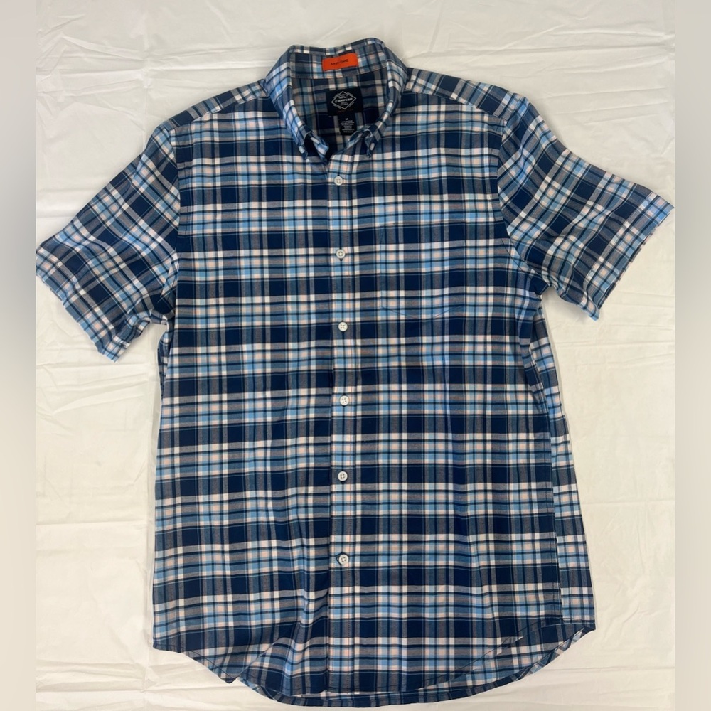 St Johns Bay Men's Button Up Shirt Blue Plaid Easy Care Size Medium